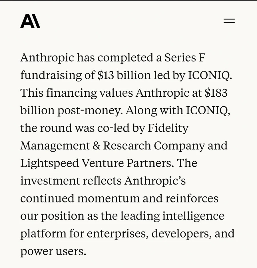 Công ty AI Anthropic gọi vốn 13 tỷ USD, định giá 183 tỷ USD